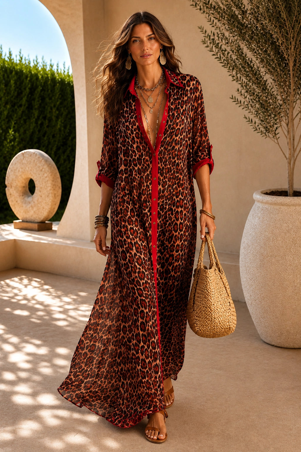 Sienna Red-Trim Leopard Maxi Dress