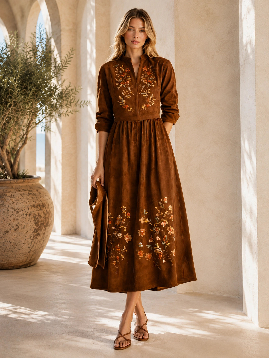 Élodie Embroidered Suede Midi Dress