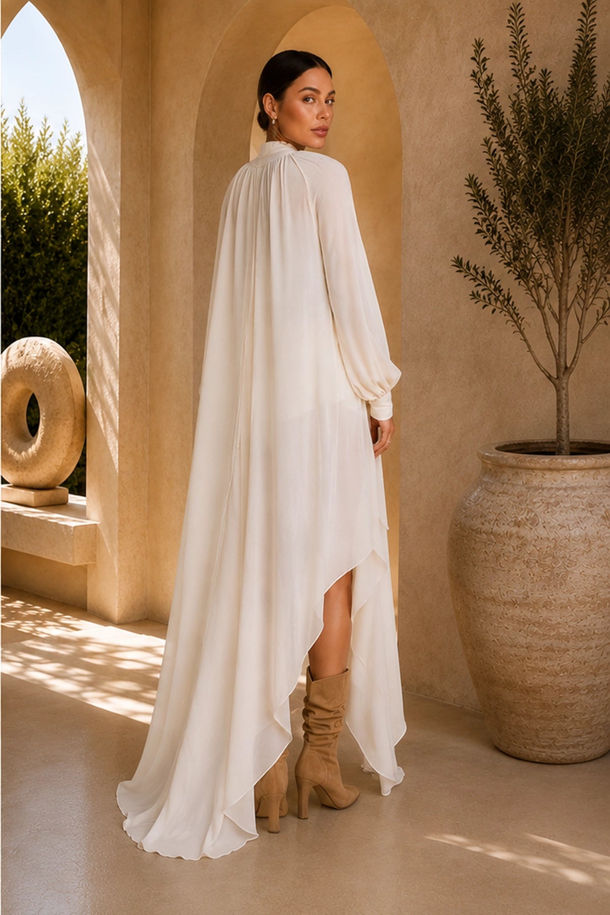 Aurélie High-Neck Chiffon Cape Dress