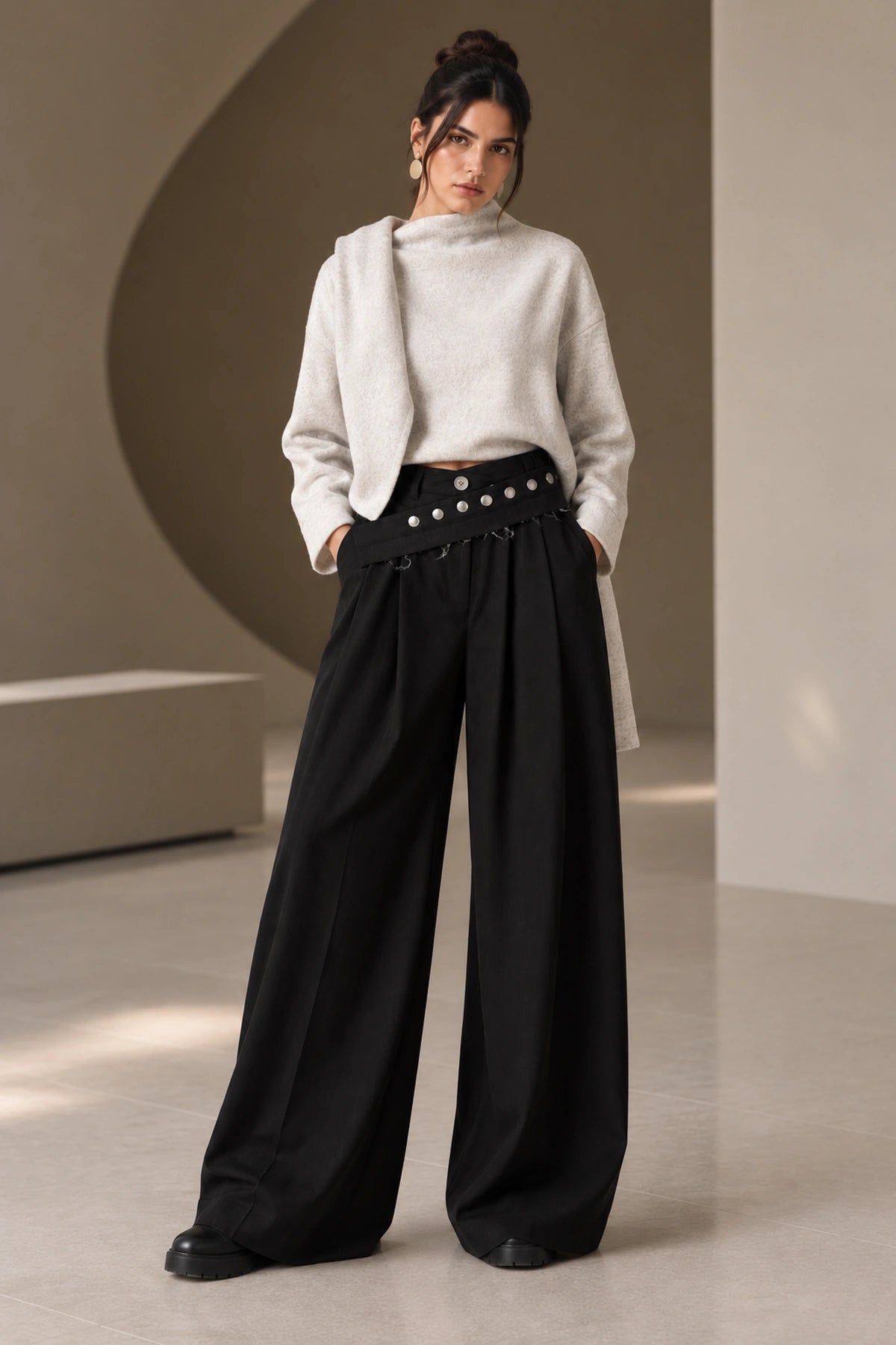 Avery Asymmetric Waist Wide-Leg Pants