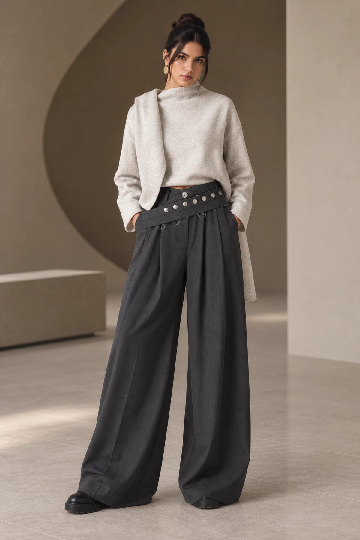Avery Asymmetric Waist Wide-Leg Pants